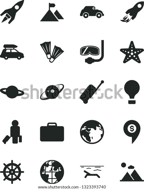 Solid Black Vector Icon Set - planet vector,\
retro car, space rocket, saturn, mountain flag, dollar pin, earth,\
baggage, air balloon, passenger, suitcase, rolling case, beach,\
starfish, flippers