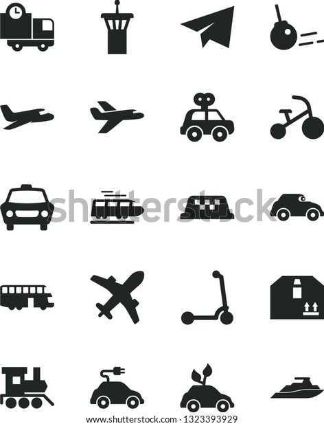 Solid Black Vector Icon Set - paper airplane vector,
motor vehicle present, baby toy train, tricycle, child Kick
scooter, core, car, delivery, cardboard box, environmentally
friendly transport, bus
