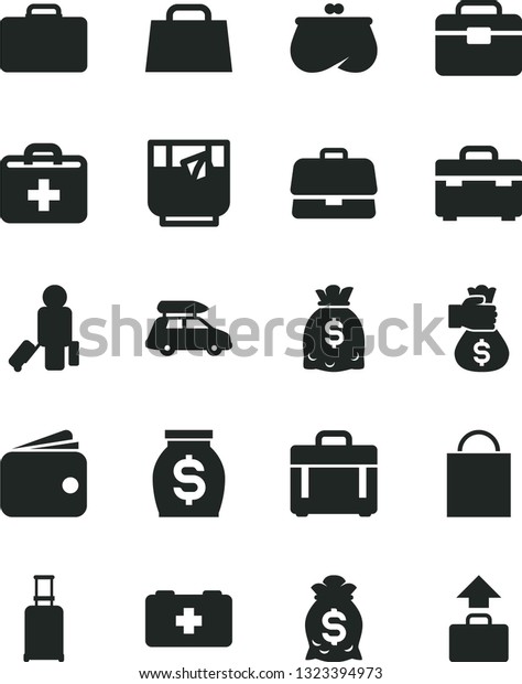 Solid Black Vector Icon Set - paper bag vector,\
first aid kit, of a paramedic, portfolio, suitcase, case, glass\
tea, briefcase, wallet, purse, money, dollars, hand, car baggage,\
passenger, rolling
