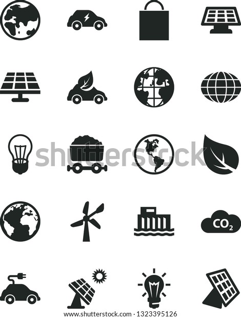 Solid Black Vector Icon Set - sign of the planet\
vector, paper bag, solar panel, big, leaf, wind energy, Earth,\
bulb, hydroelectric station, eco car, electric, transport, CO2,\
trolley with coal, sun