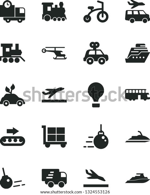 Solid Black Vector Icon Set - cargo trolley vector,\
motor vehicle present, baby toy train, child bicycle, big core,\
delivery, production conveyor, environmentally friendly transport,\
Express, bus