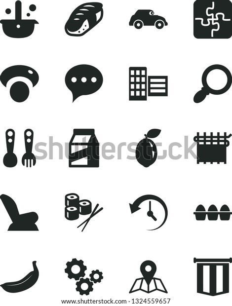 Solid Black Vector Icon Set - car child seat\
vector, plastic fork spoons, Puzzles, city block, speech, map,\
package, bundle of eggs, sushi set, banana, sour lime, mashroom,\
cloth industry, retro