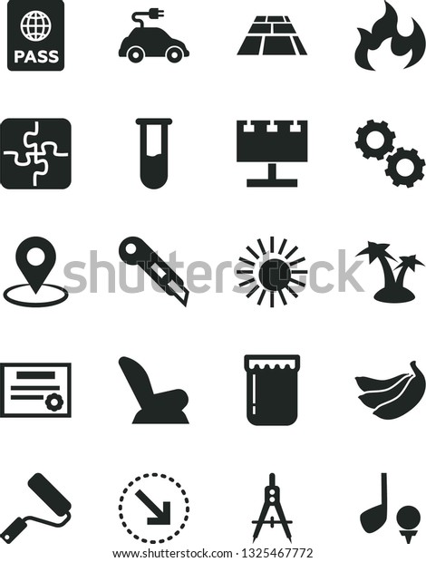 Solid Black Vector Icon Set - car child seat\
vector, Puzzles, new roller, stationery knife, paving slab,\
passport, right bottom arrow, jam, bananas, electric, Measuring\
compasses, geolocation,\
gears