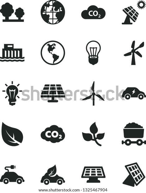 Solid Black Vector Icon Set - solar panel vector,\
big, leaves, leaf, windmill, wind energy, planet Earth, bulb,\
hydroelectric station, trees, eco car, electric, transport, CO2,\
carbon dyoxide, sun
