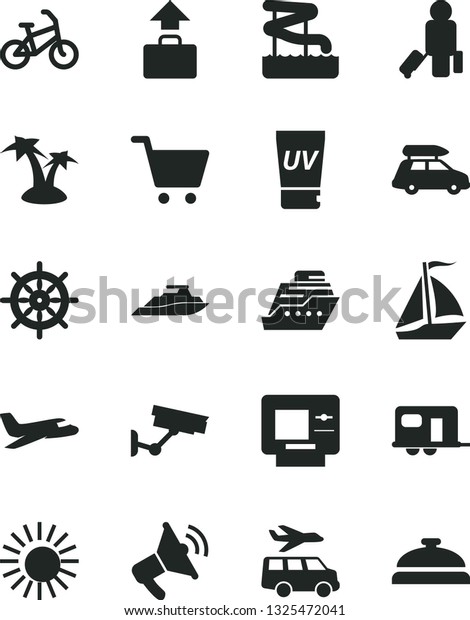 Solid Black Vector Icon Set - plane vector, car\
baggage, camper, sail boat, bike, passenger, atm, sun, uv cream,\
palm tree, aquapark, transfer, surveillance, cart, loudspeaker,\
handwheel, cruiser