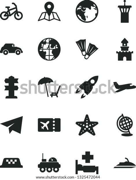Solid Black Vector Icon Set - paper airplane\
vector, map, retro car, planet, globe, rocket, lunar rover, sand\
castle, earth, plane, taxi, bike, airport tower, ticket, arnchair\
under umbrella
