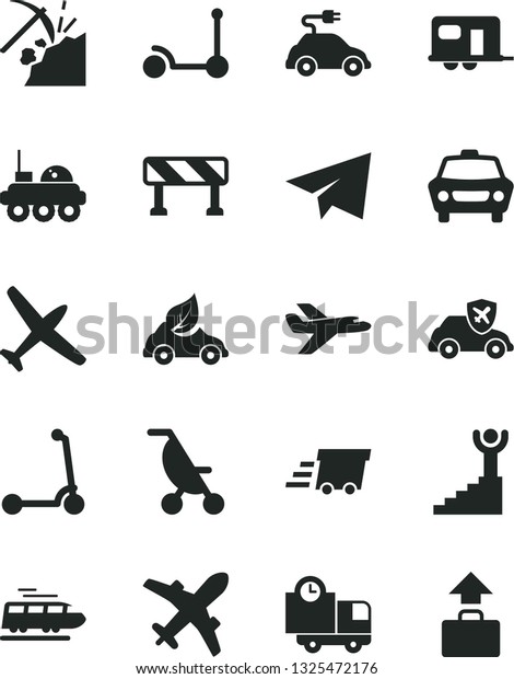 Solid Black Vector Icon Set - paper airplane\
vector, summer stroller, Kick scooter, child, traffic signal, car,\
delivery, coal mining, eco, electric, autopilot, urgent cargo,\
lunar rover, train