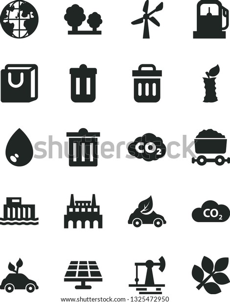 Solid Black Vector Icon Set - bin vector, drop, bag\
with handles, apple stub, solar panel, working oil derrick, gas\
station, wind energy, hydroelectric, trees, industrial factory, eco\
car, CO2