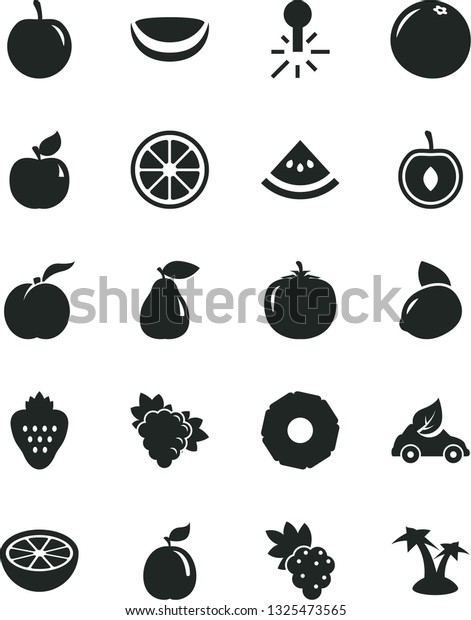 Solid Black Vector Icon Set - strawberry vector, ripe\
peach, grape, branch of, pear, apricot, tasty plum, half cherry,\
yellow lemon, juicy, guava, piece coconut, slice pineapple,\
grapefruit, eco car