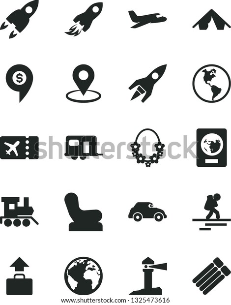 Solid Black Vector Icon Set - sign of the planet\
vector, Baby chair, toy train, Earth, retro car, coastal\
lighthouse, geolocation, space rocket, dollar pin, plane, camper,\
backpacker, passport,\
tent