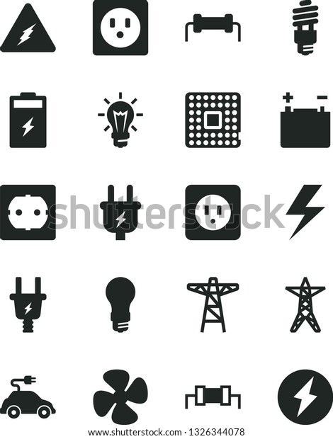 Solid Black Vector Icon Set - lightning\
vector, power socket type b, f, fan screw, charging battery,\
accumulator, light bulb, line, pole, plug, electric, energy saving,\
car, processor,\
electricity