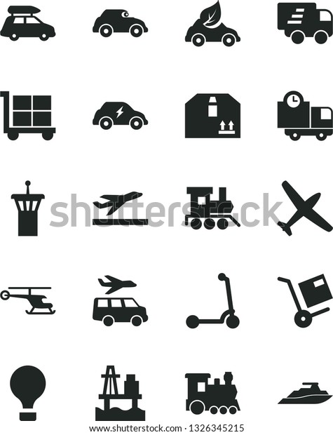 Solid Black Vector Icon Set - cargo trolley vector,
baby toy train, child Kick scooter, delivery, cardboard box,
shipment, sea port, eco car, electric transport, retro, Express,
helicopter, plane