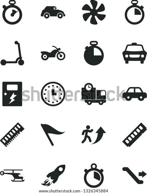 Solid Black Vector Icon Set - stopwatch vector,\
wind direction indicator, motor vehicle, child Kick scooter,\
dangers, timer, car, delivery, marine propeller, retro, space\
rocket, wall watch,\
memory