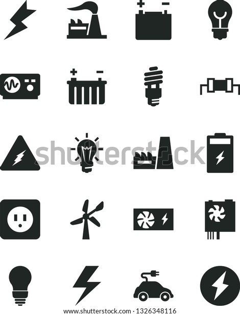 Solid Black Vector Icon Set - lightning vector,
bulb, power socket type b, charging battery, wind energy, factory,
accumulator, thermal plant, saving, electric car, pc supply,
electricity, resistor
