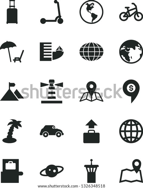 Solid Black Vector Icon Set - child Kick scooter\
vector, map, earth, planet, retro car, lighthouse, globe, saturn,\
mountain flag, dollar pin, bike, airport tower, rolling suitcase,\
baggage scanner
