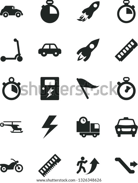 Solid Black Vector Icon Set - lightning vector,\
stopwatch, wind direction indicator, motor vehicle, child Kick\
scooter, dangers, timer, car, delivery, retro, rocket, space,\
memory, man arrow up