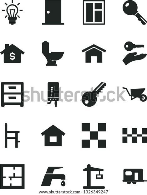 Solid Black Vector Icon Set - a chair for feeding\
vector, dwelling, building trolley, window, toilet, laying out,\
key, ntrance door, tile, ceramic tiles, faucet mixer, electronic\
boiler, home