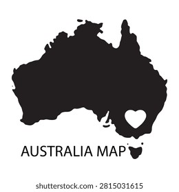 Solid black vector illustration of australian continent featuring small heart graphic and tasmania land mass.
