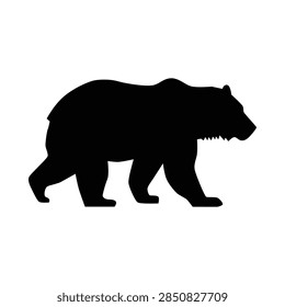 Solid black vector silhouette of a large walking bear, depicting a detailed side profile outline of a grizzly or brown bear with a humped back, isolated on a plain white background.