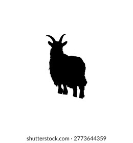 A solid black vector silhouette of a long-haired goat. This detailed profile captures the thick, shaggy coat and curved horns of the animal, making it perfect for agricultural branding, rural-themed designs, or fiber art logos.