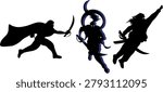 solid black vector silhouettes featuring ancient warriors and mythical swordsmen in combat stances. Universal symbols of historical fighters with traditional blades