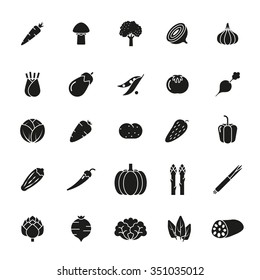Solid black vegetable icons collection. Set of 25 food glyphs.