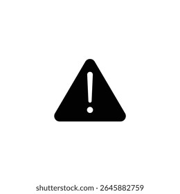 Triângulo de aviso preto sólido com cantos arredondados, apresentando um ponto de exclamação branco em espaço negativo. Isolado em um fundo branco.