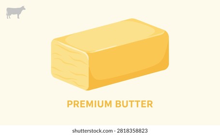 Solid block of premium dairy butter on a light cream background with a small cow silhouette in the corner.