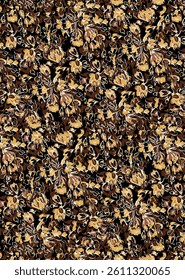 Solid block vector textile design, arrangement with small abstract bud flower, full all-over seamless pattern with brown and black tone color illustration digital image printing factory