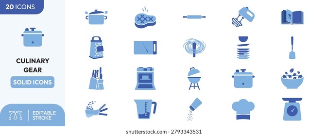 Solid blue line icons for culinary and kitchen use.