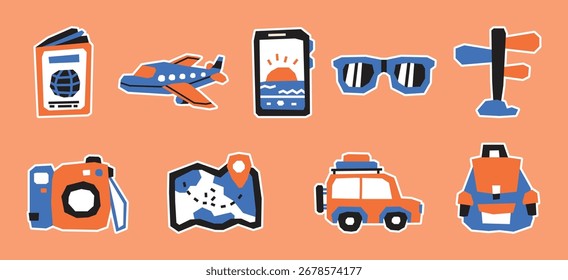 Sólido azul e laranja cor viajando tema etiqueta coleção em um recorte e design plano
