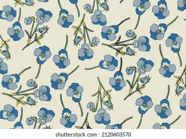 solid blue tones simple flowers with cream background illustration vector full all-over design digital image can be used for paper and textile print