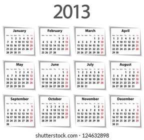 Solid Calendar for 2013 with shadows. Mondays first. Vector illustration