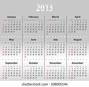Solid calendar for 2013. Sundays first