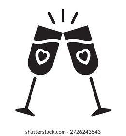 Icono de copas de champán sólido con corazones. Silueta negra de flautas de vino tintineando para un brindis romántico y la celebración del Día de San Valentín. Símbolo festivo audaz de la bebida aislado en el fondo blanco.
