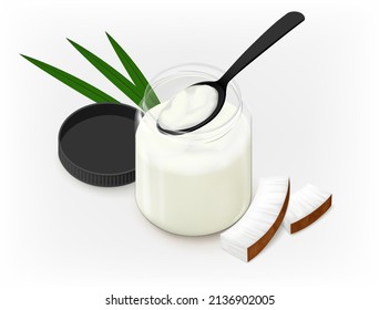 Solid Coconut Oil (butter) In An Open Glass Jar, Black Spoon And Plastic Lid, Two Pieces Of Coco And Palm Leaves. Gray Background. Realistic Vector Illustration.