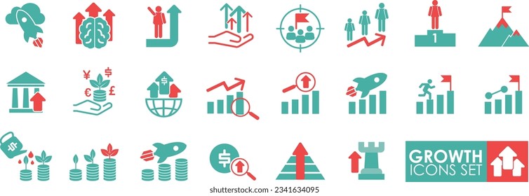 A solid collection of Growth icon set. Vector illustration. Containing performance, increase, evolution, gain, improvement, grow, chart, and development icons.