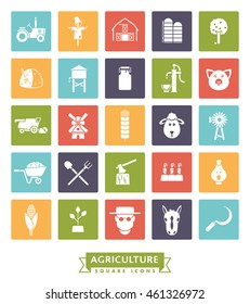 Solid color farming and agriculture vector square icons collection