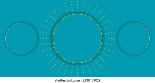 Solid color turquoise blue wallpaper template design, with embossed geometric circles placed in the center. Vector illustration of yellow dots symbol pattern, isolated in the background.