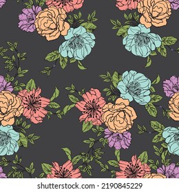 Solid Color Vector Rose Flowers Pattern, Seamless floral pattern - pink blush flowers elements, green leaves branches on dark black background; for wrappers, wallpapers, postcards, greeting