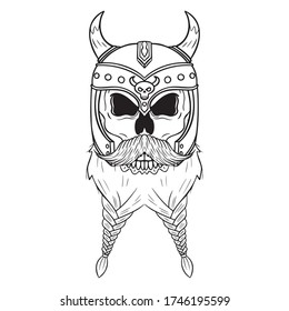 solid color viking skull with braided beard. vector isolated.