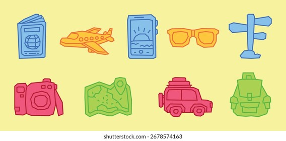 Solid Colorful Traveling Theme Icon Collection in a Cutout and Flat Design and Thick Line Outline
