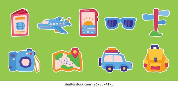 Solid Colorful Traveling Theme Sticker Collection in a Cutout and Flat Design
