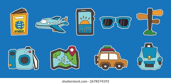 Solid Colorful Traveling Theme Sticker Collection in a Cutout and Flat Design and Dark Line Art
