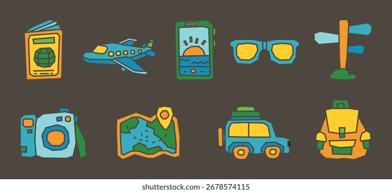 Colección de íconos de tema de viaje llena de colores sólidos en diseño plano y recortado
