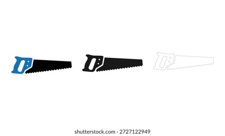 Conjunto de Vector de iconos de sierra de estilo sólido, colorido y de línea. herramienta de sierra de mano para trabajos de carpintería y construcción.
