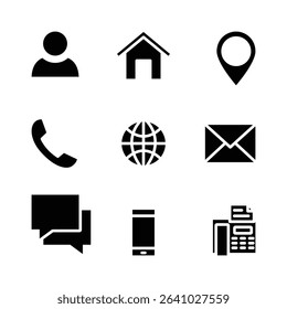 Solid Contact Icons Set – Phone, Email, Location Communication Vectors.