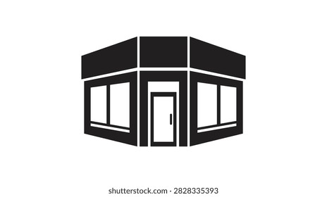 Solid corner storefront building facade and modern shop entrance silhouette vector icon. Black one story retail boutique exterior, street junction commercial property, or showroom illustration.
