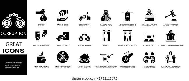Solid corruption icon set illustrating bribery, financial fraud, money laundering, abuse of power, illegal transactions, and corruption investigation. Ideal for journalism, education, infographics