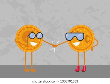 Solid currencies: gold and crypto. A gold coin is shaking hand with cryptocoin (a possible future money)